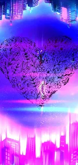 Artistic heart overlay on neon cityscape wallpaper.