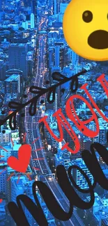 Vibrant cityscape with 'I Love You Mom' message and emoji.