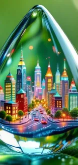 Vibrant cityscape encased in a water droplet with fantasy elements.