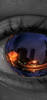 Eye reflecting a vibrant city skyline at night.