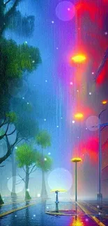 Vibrant cityscape in rain with colorful lights and serene ambiance.