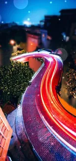 Vibrant city night scene with colorful light trails and urban atmosphere.