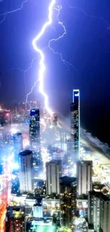 City skyline illuminated by lightning at night.