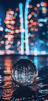 Vibrant city lights with a reflective ball in the foreground, captured artistically.