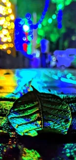 A vibrant city night scene with colorful lights reflecting on wet pavement.