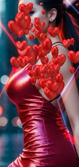 Stylish model in red dress with vibrant city lights backdrop.