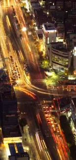 Vibrant city lights at night with dynamic light streaks.