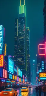 Neon-lit city street at night with vibrant glowing signs and buildings.