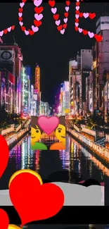 Vibrant cityscape at night with heart emojis and the word LOVE.