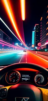 Neon-lit car dashboard driving through a vibrant city at night.