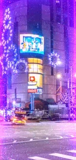 Neon-lit cityscape with purple glowing lights and urban decorations.