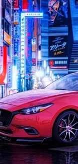 Red car in a vibrant city night scene with neon lights.