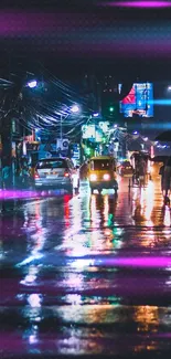 Colorful city street at night with reflections and lights.