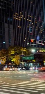 City street at night with vibrant lights and bustling traffic