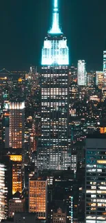 City skyline at night with bright skyscraper illumination.