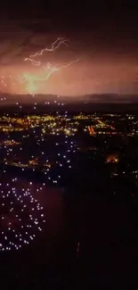 Fireworks and lightning over a vibrant cityscape at night.