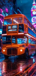 Double decker bus in vibrant neon city at night.