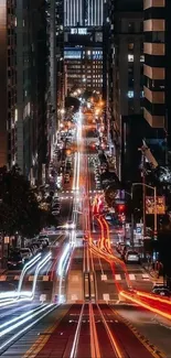 Vibrant city nightscape with light trails.