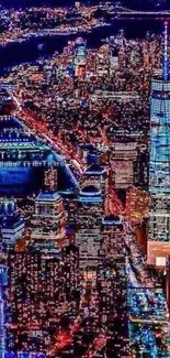 A vibrant cityscape at night with colorful illuminated buildings.