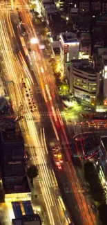 City nightscape with bright light trails and skyscrapers.