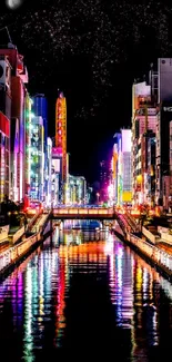 Colorful city nightscape with reflective canal.