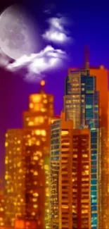 Vibrant city nightscape with illuminated skyscrapers under a glowing moon.