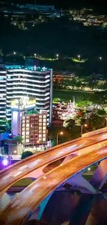 Vibrant city nightscape with illuminated skies and urban bridge.