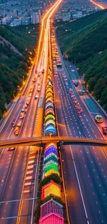 A vibrant highway with colorful lights at night.