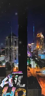 Night cityscape with vibrant lights and towering skyscrapers.