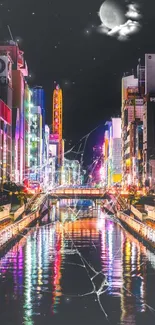 Vibrant neon-lit cityscape at night with moon and reflections.