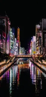 Vibrant city nightlife scene with skyscrapers and river reflections.