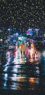 Vibrant city street at night with shimmering lights and reflections.