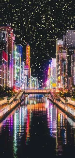 Vibrant cityscape with neon lights reflecting on a river at night.