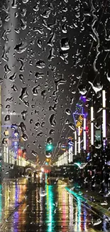 Vibrant night cityscape with neon lights reflecting on wet street.