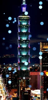 Vibrant city skyline at night with illuminated skyscraper and glowing lights.