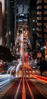 Night cityscape with vibrant lights and towering urban architecture.