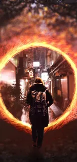 Person entering a fiery portal in an urban night scene.