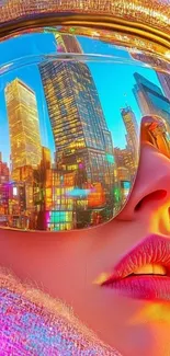 Vibrant sunglasses reflecting colorful city skyline.