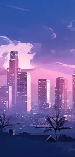 Vibrant city skyline with purple hues at dusk.