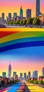Colorful city skyline with rainbow hues.
