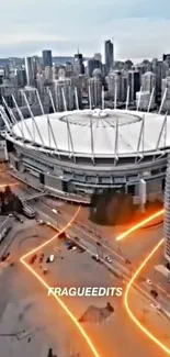 A cityscape with a prominent stadium and glowing night lights in an urban scene.