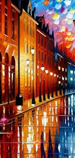 Vibrant city street art with colorful reflections and lamp posts.