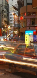 City street with vibrant lights at night.