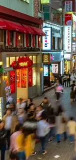 Vibrant city street with bustling crowds and colorful storefronts.