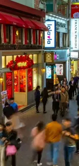 Vibrant street with people and colorful shops.