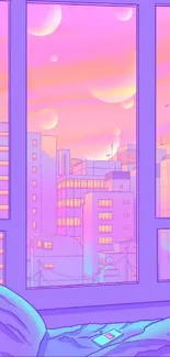 Dreamy purple cityscape at sunset viewed from a bedroom window.