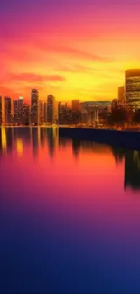 Vibrant sunset cityscape with deep blue reflections.