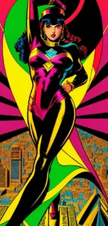 Vibrant superhero standing before retro cityscape in dynamic colors.