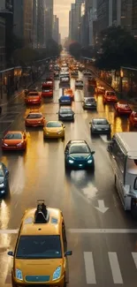 City street with colorful cars under a sunset sky.
