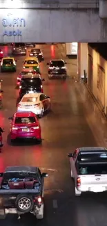 Vibrant city traffic at night with colorful cars.